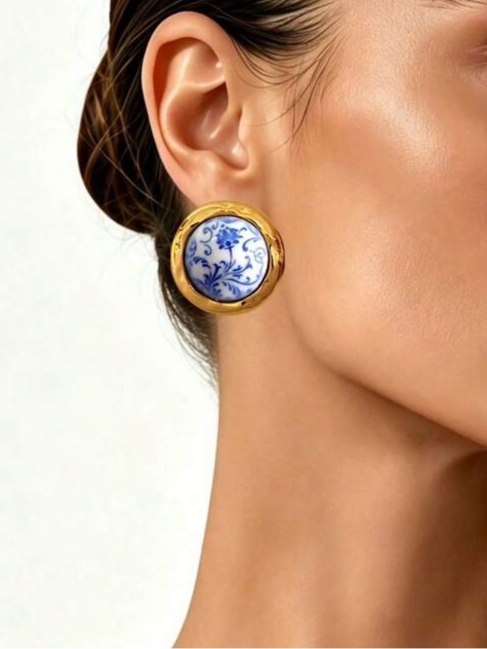 Gold and Blue Floral Porcelain Statement Earrings - Women Jewelry